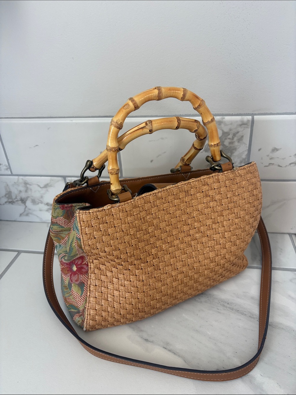 Fossil Bamboo Handle Tapestry Panel Basketweave Handbag Vintage